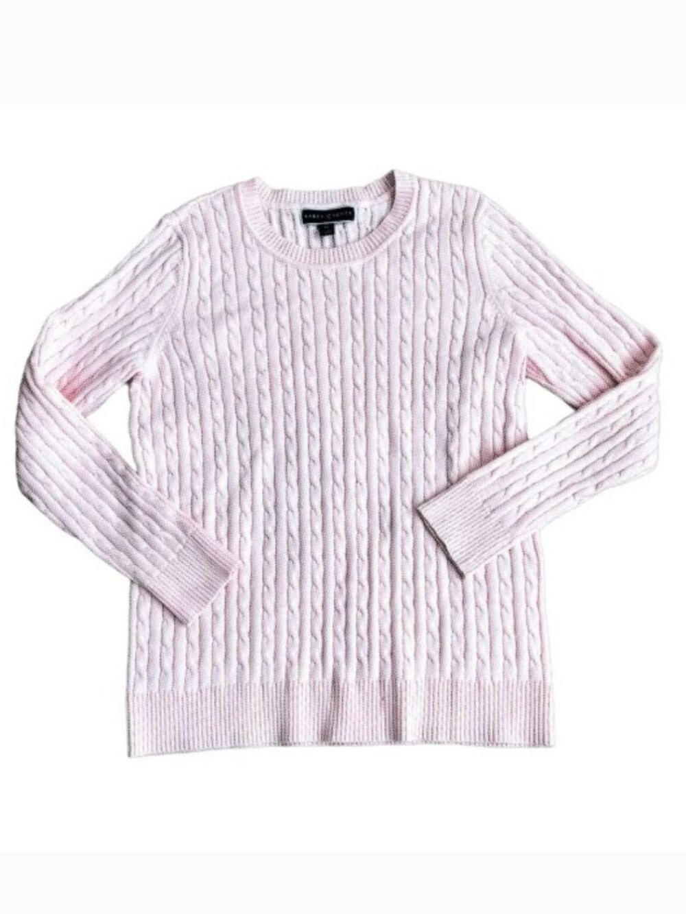 Pink Cable Knit Crewneck Fisherman Sweater Petite L Preppy Cotton KAREN SCOTT